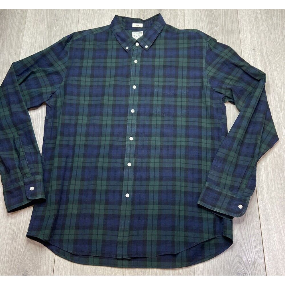 J Crew Shirt Mens XL Blackwatch Tartan Plaid Slim Organic Cotton Preppy Stretch